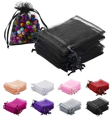 RSXING 100 Stück Kleine Organzasäckchen, 7 * 9cm Schmuckbeutel Farbe Organza Taschen mit Kordelzug Geschenkbeutel für Hochzeiten Partys Weihnachten Lavendelsäckchen Geschenk Schmuckbeutel (Schwarz)