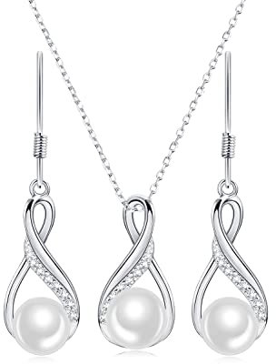 Huacan Schmuck Set Damen 925 Sterling Silber Ohrringe mit Perlen Anhänger Halskette Süßwasser-Zuchtperle Pendant Schmuckset CZ Geschenke Für Braut Brautjungfer Hochzeit