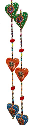 FIKIMOS Door Hanging Decorative Cotton heart in Vibrant Color Stringed with Beads and Bell Traditional Hanging Indian Decoration 2 layer