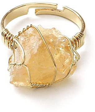 HGJH Verstellbare Ringe, Goldener Faden umwickelter Citrin-Naturstein, Verstellbarer, unregelmäßiger Ring, modisch, einfach, geeignet für Frauen, Hochzeit, Party, Schmuck, Geschenke