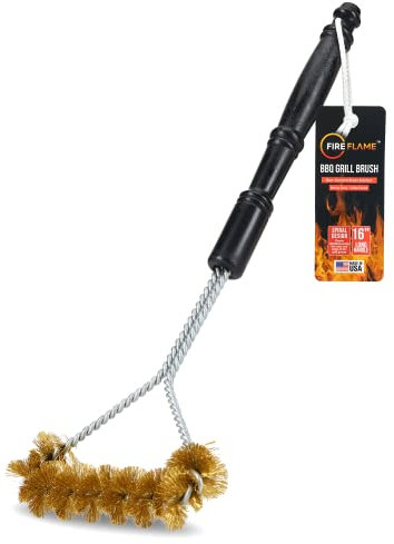 Fireflame BBQ Grill Brush – Non-Scratch Brass Bristles - 16-Inch Long Handle Barbecue Grill Cleaning Brush - Wide-Faced Spiral Heavy-Duty – Made in The USA