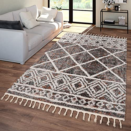 TT Home Wohnzimmer Esszimmer Teppich Hochflor Mit Fransen Ethno Skandinavisches Design, Farbe: Grau Beige Creme, Größe:60x100 cm