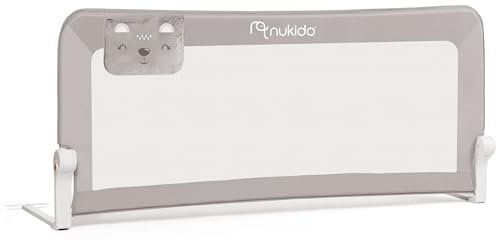 NUKIDO Sicherheitsbarriere Sicherheitsgitter für Bett Kinderbett Sicherheitsgeländer Schutzgeländer Süßes Design Muster Rahmen Metall Kunststoff 150 cm x 35 cm x 66 cm Farbe Grau