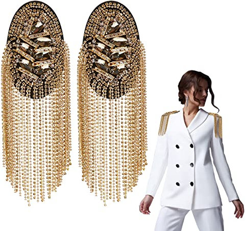 WEBEEDY 2 pcs Métal Gland Lien Chaîne Epaulette Strass Gland Epaulette Perlé Cristal Épaulettes Badge Broche Pins Punk Epaulettes pour Hommes Femmes Uniforme Accessoires (Or)