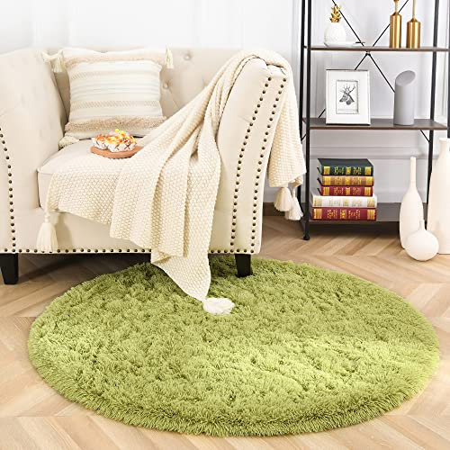 MARATIP Teppich Rund Wohnzimmer 150 cm Grün Schlafzimmer Hochflor-Teppich Waschbarer Anti-Rutsch Weicher Flauschige Modern