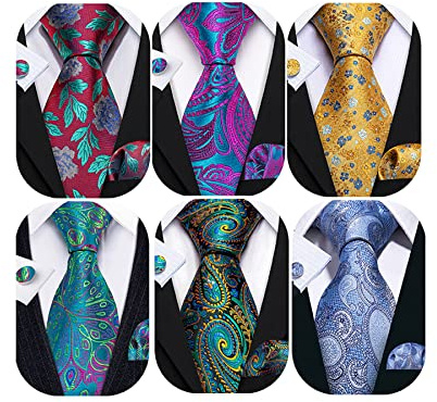 Barry.Wang 6 PCS Men Ties Set Silk Business Fashion Woven Necktie Handkerchief Cufflinks Paisley Stripe Wedding Party