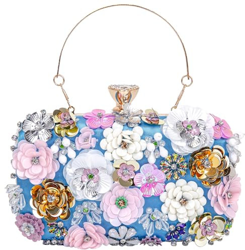 BBTT.ful Damen-Clutches Blumen-Abend-Handtasche, Kettenriemen, Schultertasche, Handtasche, Hochzeitstasche, Blau, Medium