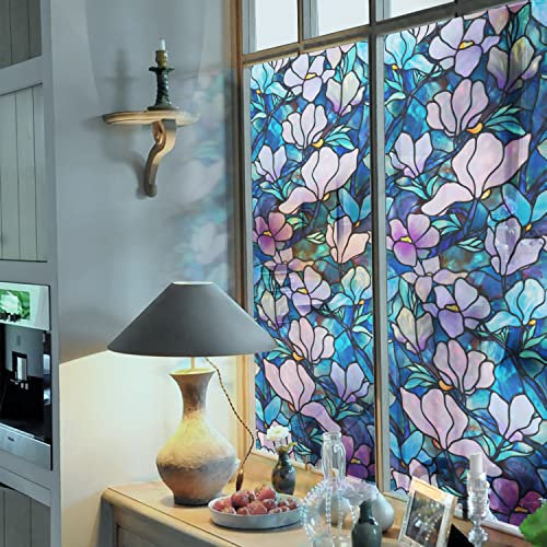 Neukids 90x300cm Handbemalte Magnolie Fensterfolie Selbstklebende, Statisch Haftend Sichtschutzfolie, Buntglas Fensterfolie Muster Schlafzimmer Wohnzimmer Küche Kinderzimmer Dekorfolie