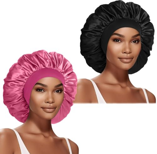 Silk Satin Hair Bonnet for Sleeping Shower Cap (Black & Rose Pink)