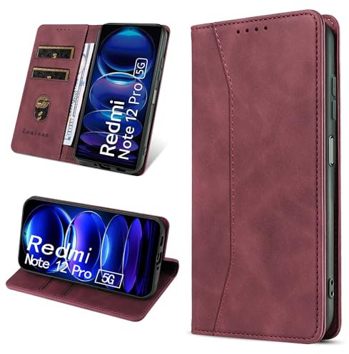 Leaisan Handyhülle für Xiaomi Redmi Note 12 Pro 5G Hülle Premium Leder Flip Klappbare Stoßfeste Magnetische [Standfunktion] [Kartenfächern] Schutzhülle für Redmi Note 12 Pro 5G Tasche - Wein Rot