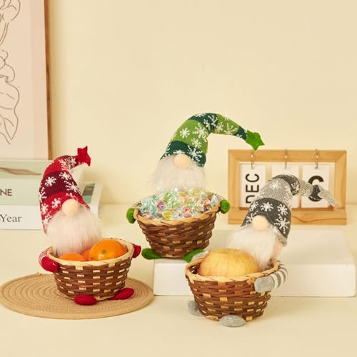 Lot de 3 paniers à bonbons de nains de Noël – Décorations de poupées gonk en tissu, bols à bonbons en rotin tissé