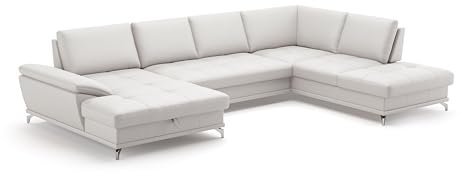 Cavadore Wohnlandschaft Castiel mit Federkern / Sofalandschaft mit XL-Longchair, Sitztiefenverstellung, satinierten Metallfüßen / 363 x 89 x 223 / Echtleder, Weiß