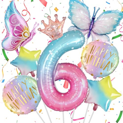 6 Jahre Schmetterling Deko Geburtstag Mädchen, Luftballon 6 Mädchen, Bunt Schmetterling Blumenfee Geburtstag Party Set Folienballon 6, Geburtstagsdeko Mädchen
