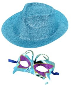 Alsino Karnevals Outfit Set Kv-281 Glitzernder Trilby Hut & Venezianische Maske - Unisex, Perfekt für Fasching und Partys, Farbe wählen:türkis