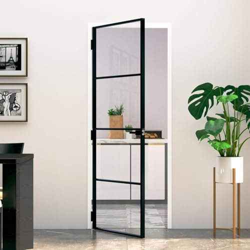 Festnight Puerta Interior de Vidrio Templado y Aluminio, Puerta de Cristal Moderna, Sólido y Seguro, Negro 76x201.5 cm