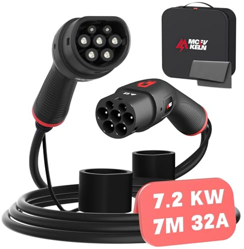 MCEVKELN EV Cable de Carga Tipo 2 a Tipo 2 Monofásico| 7.2kw| 32A| 7M Cable de Carga Rápida para Vehículos Eléctricos Cable Tipo 2 de Coche Eléctricos con Bolsa para Cables