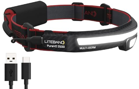 LITEBAND PRO Multi-Beam Rechargeable LED Headlamp, 2500 Lumens, 210° Wide Beam + Focused Spot, PureHD High CRI Light, Hard Hat Compatible, Professional No-Bounce Fit, IPX5 Weather Resistant, Carbon