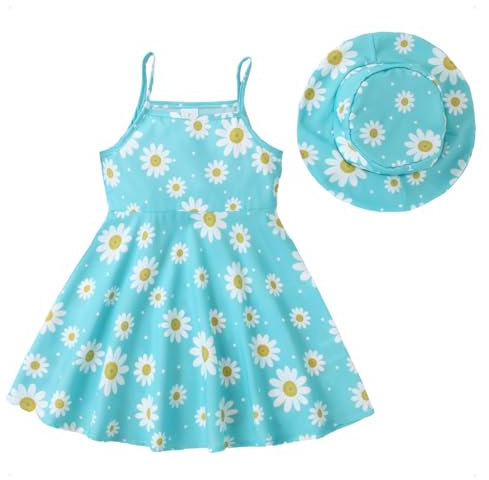 KONFEN Vestito Bambina a Senza Maniche - Margherita Vestito Neonata Abito + Cappello 2 Pezzi Set, Fiore Vestito Bambina Abito Abbigliamento Primavera Estate per 0-3 Anni (Verde/Rosa)