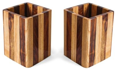 SHOPUKASA 2 Pack Wood Pen Pencil Holder Stand Multi Purpose Natural Wood Pencil Cup Pot Desk Organizer Storage Box (2 Pack Striped Pattern)