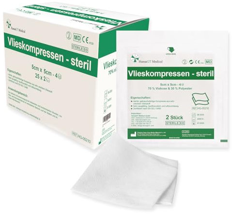 HansaGT Medical Vlieskompressen 5cm x 5cm 50 Stück Wundkompressen STERIL 4 Lagen, Wundauflage Nicht Haftend, Kompressen Sterile Wundgaze Kompresse, Saugkompressen, Verbandsmaterial (STERIL 5cm x 5cm)