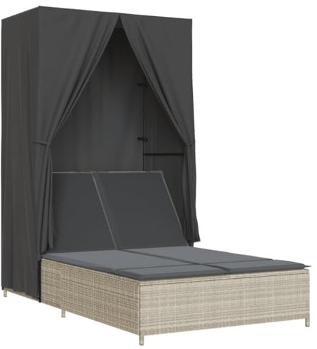 vidaXL Chaise Longue Double avec Toit et Rideaux Gris Clair Poly rotin, transat, lit de Jour d'extérieur, lit de Jour de Jardin, lit de Bronzage