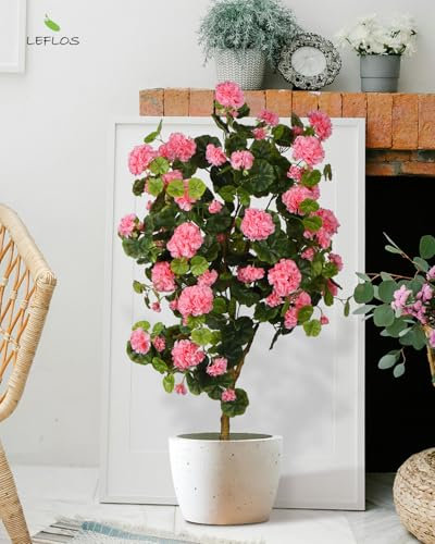 Leflos 130cm Árbol de Flor de Begonia Artificial Rosa, Planta de Flor Realista en Maceta Blanca para decoración Interior de hogar