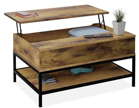 Relaxdays Couchtisch aufklappbar, mit Ablage, Wohnzimmertisch mit Stauraum, Holzoptik, HBT: 45,5x90x60 cm, braun/schwarz