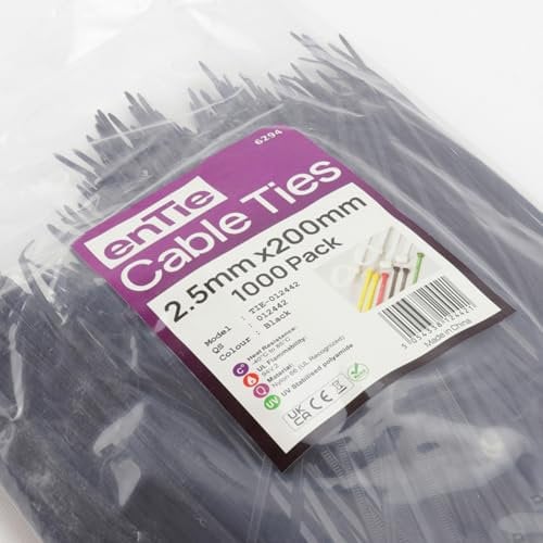 enTie Black Cable Ties - Nylon 66 UL Approved [1000 Pack] (Black, 2.5mm x 200mm)