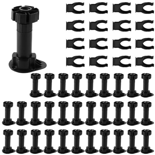 MIVIDE Lot de 32 D'Armoire Plastique 10cm, Pieds de Meubles en Plastique Réglables en Hauteur 100 à 120 mm, Pieds Meuble Cuisine avec Clip Fixation Base pour Meuble, Armoires, Cuisine