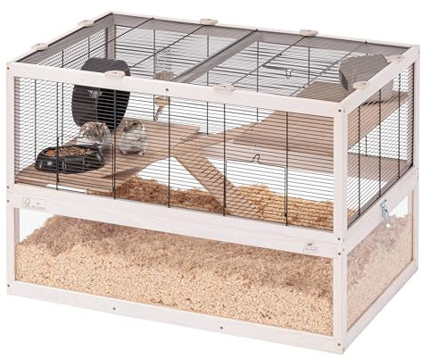 Ferplast Gabbia per Criceti DOMSTER, Gabbia per Topolini, 3 Piani, Con Accessori, Piattaforme e Scalette, Metallo Verniciato e Legno FSC, Base Trasparente, Gabbia Legno Criceto 80 x 50 x h 56 cm