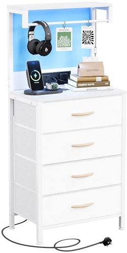 MUTUN Bedside Table with Charging Station, Bedside Cabinet with LED Light, Nightstand with Wood Shelf, 4 Fabric Drawers Side Table for Bedroom, White