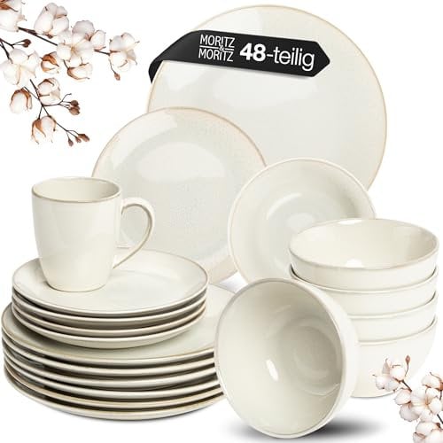 Moritz & Moritz SENSE 48-tlg. Geschirrset 12 Personen Beige - Stylisches Steinzeug Geschirr Set - Kratz-, Mikrowellen- & Spülmaschinenfest, Essgeschirr, Tafelservice, Kombiservice 12 Personen