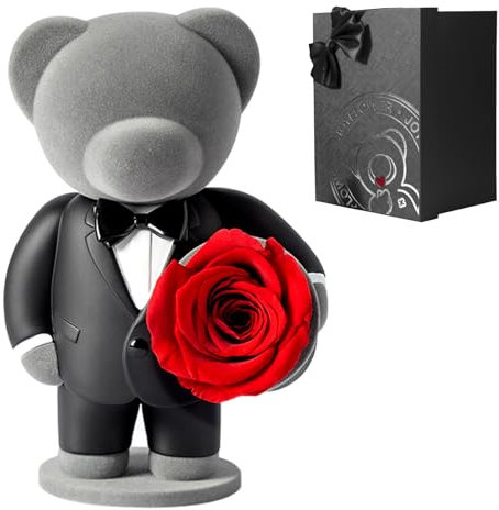 JoyFlower Konservierte Blumen mit süßem Teddybär im Anzug, Einzigartiger Gentleman Bär Ewige echte rote Rose Romantisches Geschenk mit eleganter Geschenkbox für Freundin Frau Sie im Valentinstag