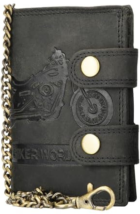 Manza Echt Leder Biker Geldbörse Portemonnaie Geldbeutel Leder mit RFID Schutz Hochformat (Bike, Schwarz)