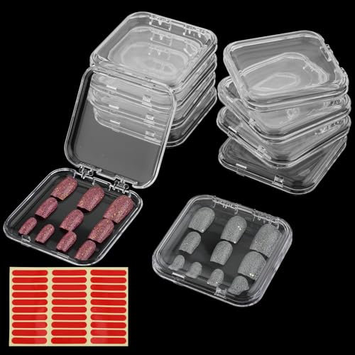 10 Pcs Press on Nail Storage Box with Adhesive Double Sided Tape, Acrylic Fake Nail Box Nail Display Packaging Box Transparent Nail Storage Boxes for Home DIY, Nail Salon(Round Corner)