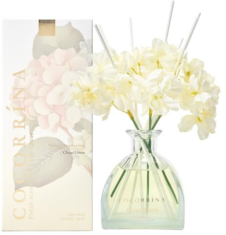 COCORRÍNA Blume 250ml Raumduft mit 8 Duftstäbchen, Clean Linen, Natürlich, Langanhaltend, Home Duft für Wohnzimmer, Schlafzimmer, Badezimmer Regal Dekor