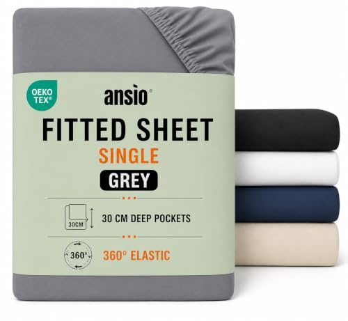 ANSIO® Single Fitted Sheet Soft Brushed Microfibre Fabric – Deep Pocket 30cm – All-Around Elastic – OEKO-TEX Certified – Easy Care & Naturally Smooth After Wash - Grey