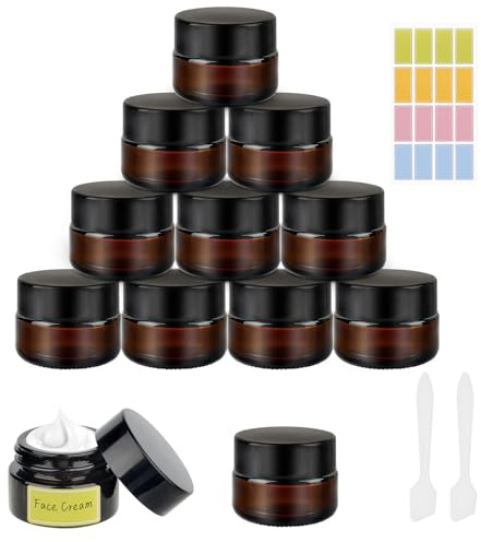 Lot de 12 bocaux vides en verre ambré de 5 ml avec couvercles et doublures intérieures, pots de voyage avec spatule et étiquettes pour articles de toilette, cosmétiques, poudre, lotion, crèmes