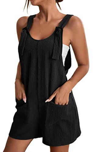 2025 Linen Dungarees for Women UK Summer Casual Sleeveless Rompers Loose Adjustable Strappy Short Overalls Jumpsuits Prime Same Day and Overnight Items Black