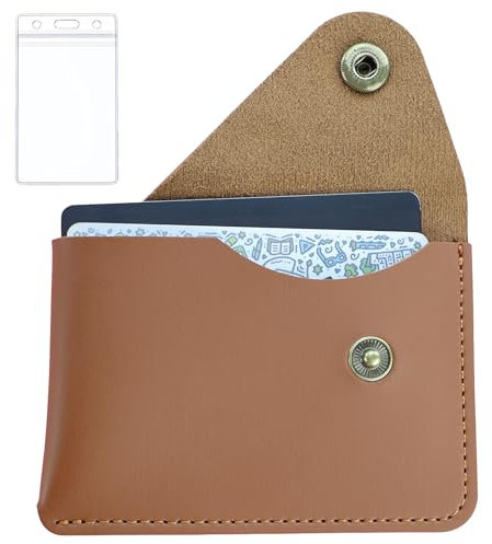 Custodia per biglietti da visita, in pelle PU, per carte di credito e carte di credito, in pelle, con bottoni, con 1 porta carte di credito trasparente, per uomo e donna (marrone)