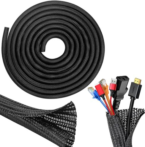 1/2 Inch Cable Sleeve - 10ft Split Wire Loom for Cord Management, Wire Cover Protector (Fits 12-20mm Cables) Self-Adhesive Cable Organizer for PC, TV, Home & Office - Black