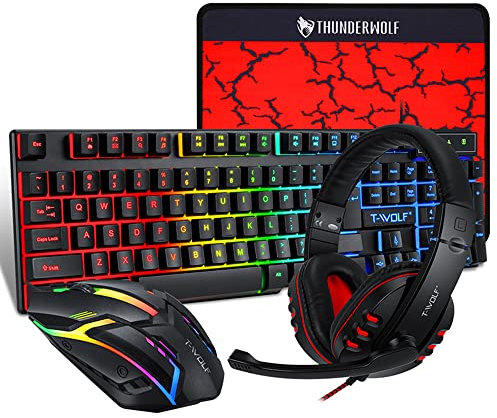 TFixol TF800 Quattro Pezzi Gaming Combo Tastiera 104 Tasti 4 colori Luce Respirante 3.5mm Gaming Headset -slip Pad Nero