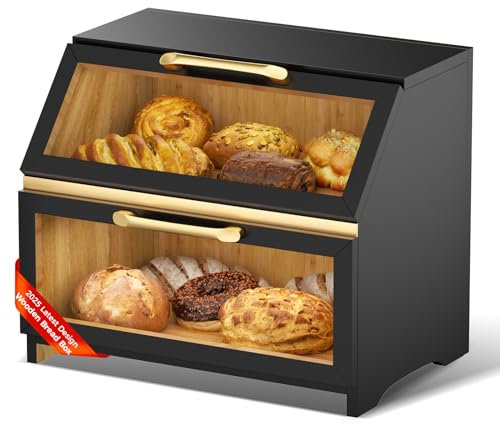 Mihoho Double Layer Wooden Bread Box for Kitchen Counter, Large Bread Storage Container for Homemade Bread, Farmhouse Breadbox Organizer for Kitchen Counter Corner, Cabinet, Pantry (Black A)
