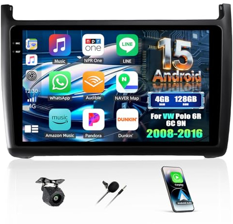 4+128G Android 15 CAMECHO Autoradio 9 Zoll für VW Polo 6R 6C 9N 2008-2016 | GPS Navi, WLAN, carplay Android auto, FM RDS Bluetooth Radio, Rückfahrkamera