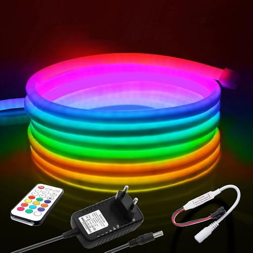 24V Neon LED Strip, WS2811 RGB 120 LEDs/m Waterproof IP67 360 Degree Round Neon LED Strip Kit Rope Light with 21 key RF full-color controller for Advertising Decoration DIY Projects