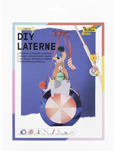 folia 94403 - DIY Laterne CIRCUS, ca. 19 x 38 x 6 cm - Laternen Bastelset gestaltbar als Zirkus Tiere balancierend auf einem Ball, inkl. LED Licht, 2 Batterien und Klebepad