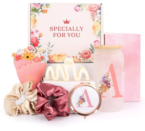 GooBird Personalised Monogrammed Gift Box for Women & Teen Girls–Pink Tumbler, Mirror & Hair Accessories Set, Initial A Gifts for Her, Sister, Daughter, Friends, Bridesmaid or Teacher