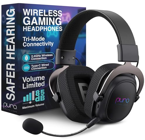 Puro Sound Labs PuroGamer-BT Kabelloses Gaming-Headset, Lautstärkebegrenzung 85 dB, Tri-Mode-Konnektivität, Abnehmbares 360°-Mikrofon – 32 Stunden Akkulaufzeit, Geringe Latenz, Bequemes Design