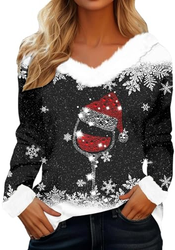 Weihnachtspullover Damen Casual V-Ausschnitt Weihnachts Sweatshirts mit Pelzkragen Bluse Pullover Merry Christmas Longshirt Weihnachtspulli Weihnachtsdruck Xmas Weihnachtsshirt