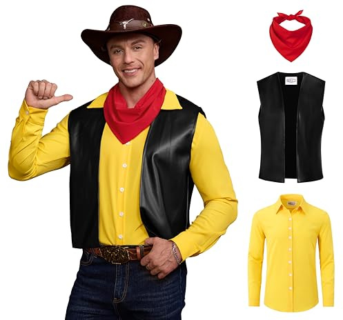 Mainfini 3 Teiliges Herren Comic-Western Kostüm mit Hemd Weste und Halstuch Fasching Karneval Outfit M